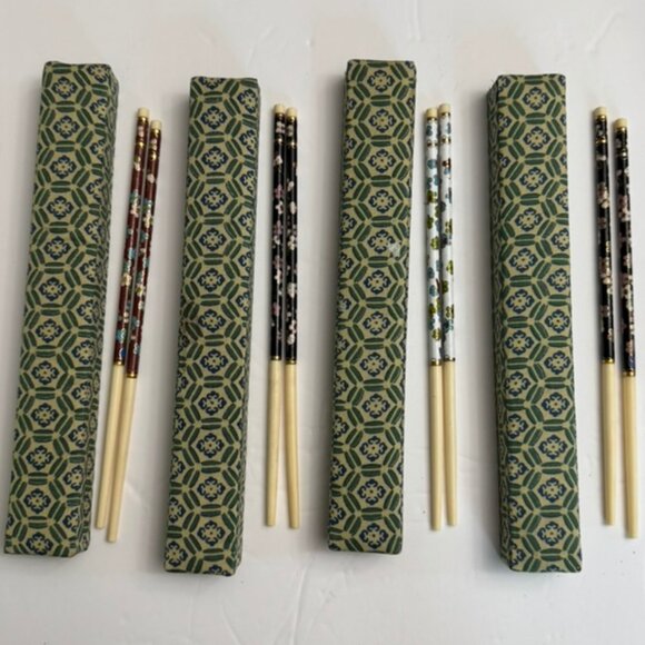 4 Vtg Sets Cloisonne Enamel Inlay Chopsticks in Original Silk Boxes, 8.5”Long - Picture 1 of 9